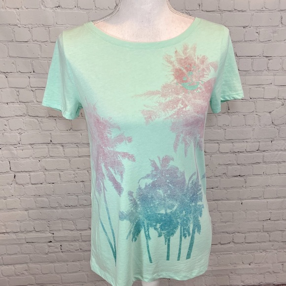 TOMMY HILFIGER T-Shirt Light Green Pastel Palm Print-XS - Picture 1 of 4